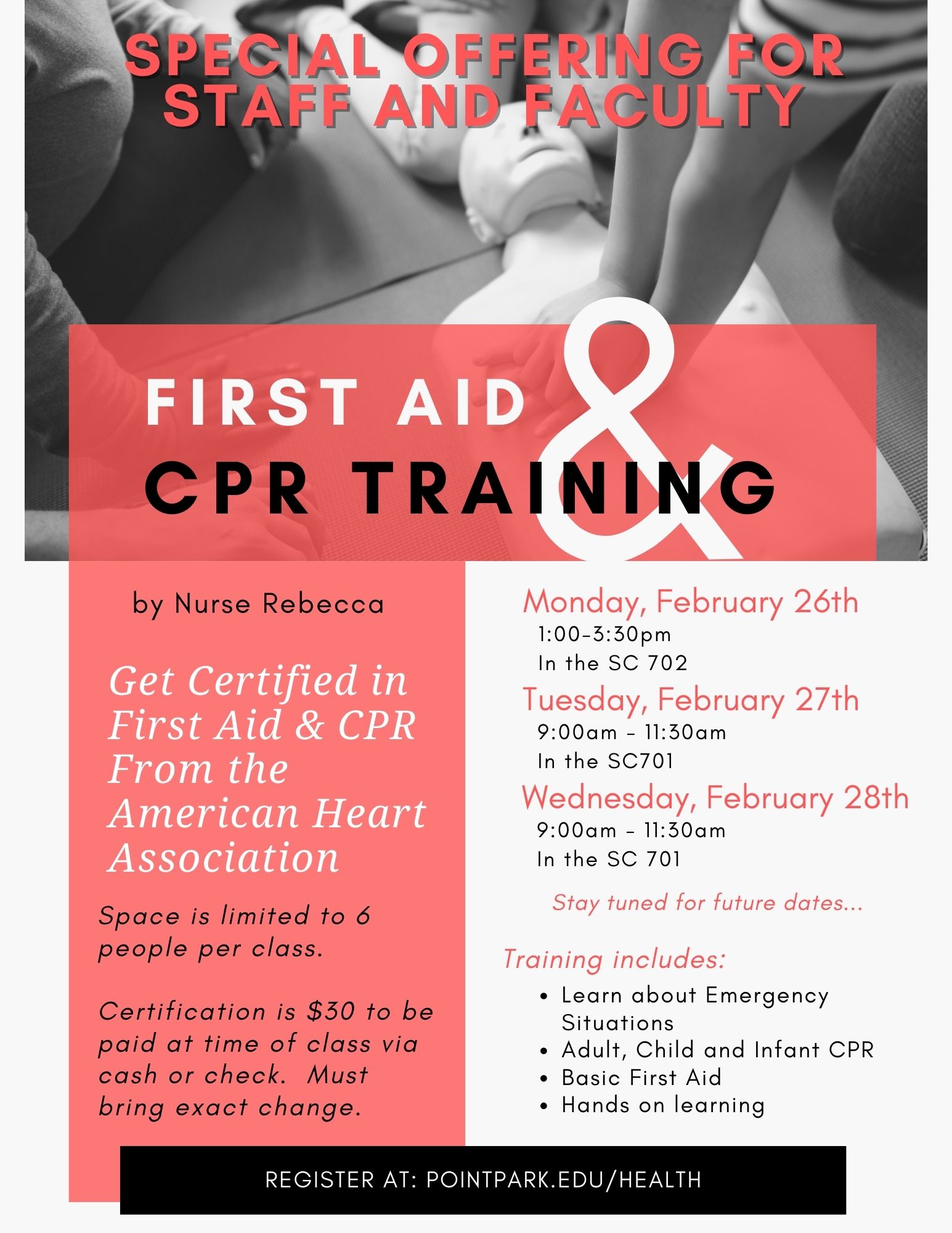 First Aid and CPR Training Flyer Advertising Sessions on Feb. 26, Feb. 27 and Feb. 28,