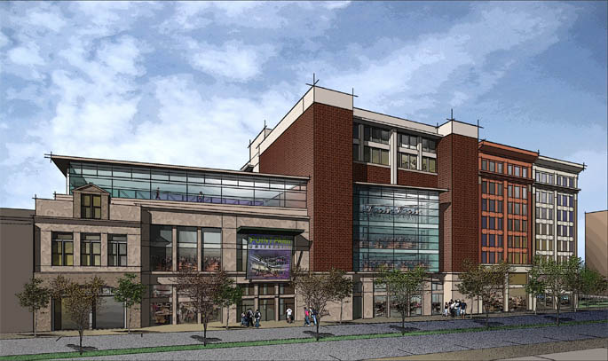 An artist's rendering of the new Student and Convocation Center on the Boulevard of the Allies.