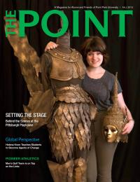 This is an image of The Point fall 2013 cover photo featuring costume design student, Kelsey Bower. Photo by Martha Rial.