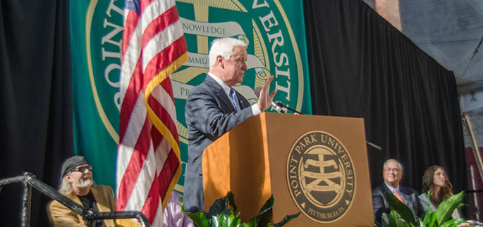 Gov. Tom Corbett announces a $5 million commonwealth grant to Point Park University in support of the Pittsburgh Playhouse project. | Photo by Christopher Rolinson