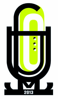 A spring green and black graphic illustration showing a radio-type microphone with the word 