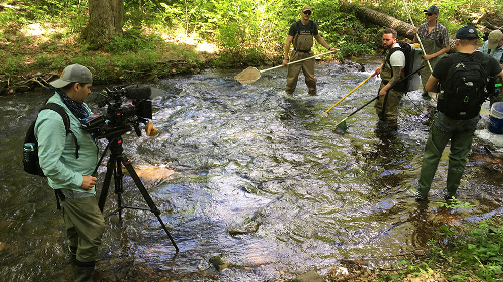 Behind-the-scenes photo of the filming of Downstream. Photo provided by Gina Catanzarite.