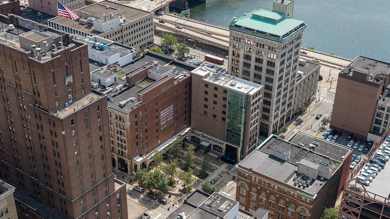 An aerial view of Point Park's campus.