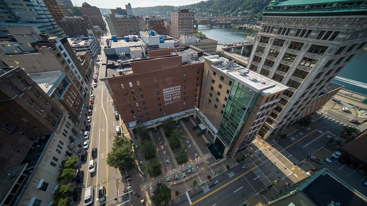 An aerial view of Point Park's campus..