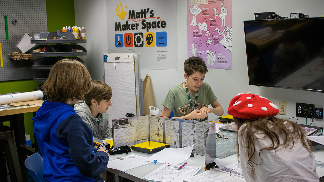 A photo of students at Dungeons and Dragons Camp in the University's Matt's Maker Space. 