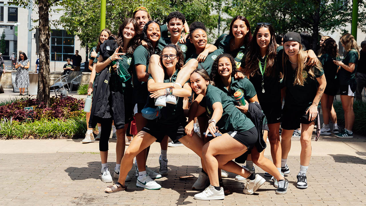 Student athletes in Village Park. 