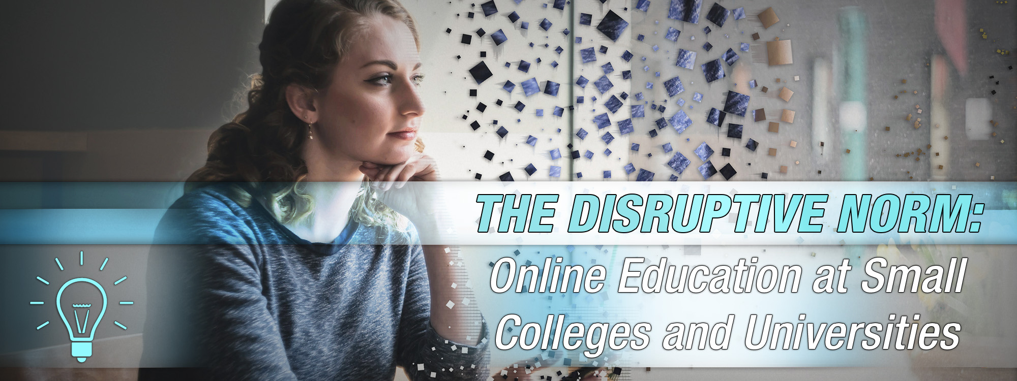 Banner that promotes The Disruptive Norm: Online Education at Small Colleges and Universities conference showing a contemplative female student and lightbulb.