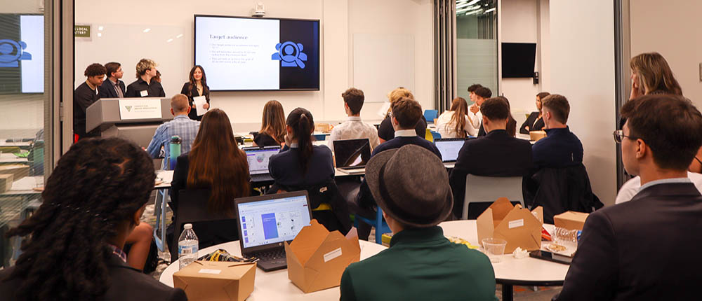 High school students listen to a pitch presentation in the Center for Media Innovation. Photo | Chloe Humway