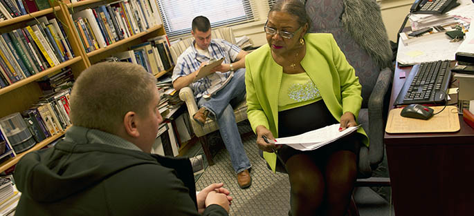 Trudy Avery, associate professor of criminal justice, advises a student at Point Park University. 