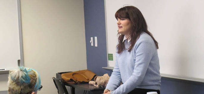 Pictured is poet Brittany Cavallaro teaching at master class at Point Park University. | Photo by Amanda Dabbs