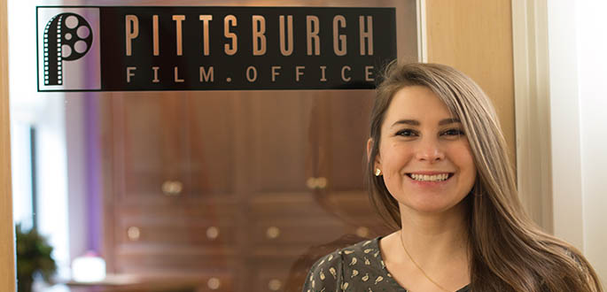 Pictured is School of Communication student Abbey Newhouse at the Pittsburgh Film Office. Photo | Victoria A. Mikula