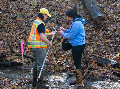 Pictured are MSES students measuring stream flow at Schenley Park. Photo by Brandy Richey