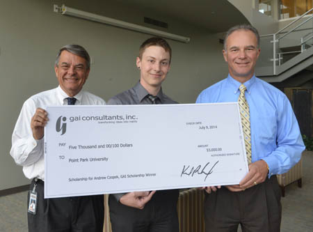 Pictured is Point Park electrical engineering technology student Andrew Czopek (middle) with Gary DeJidas, P.E., president and CEO and Anthony Morrocco, P.E., executive vice president and COO. | Photo by Jim Judkis