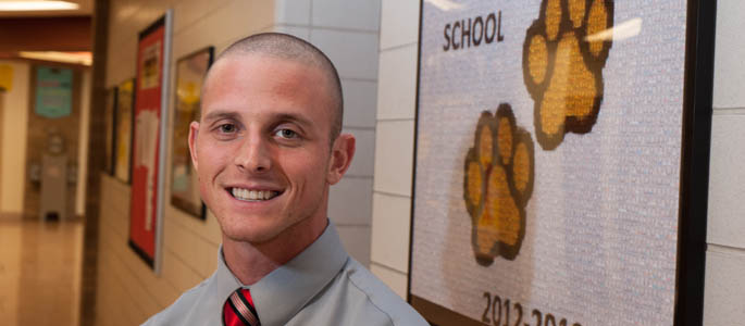 Pictured is Daniel Pomposelli, Point Park elementary education alumnus and middle school business and math teacher at Carson Middle School, North Allegheny School District. | Photo by Chris Rolinson