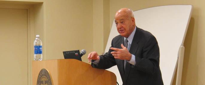 Pictured is renowned forensic pathologist Dr. Cyril Wecht speaking at Point Park University. | Photo by Amanda Dabbs