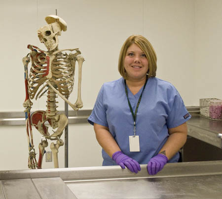 Pictured is funeral service major Lin Webb, intern at the Allegheny County Medical Examiner's Office.