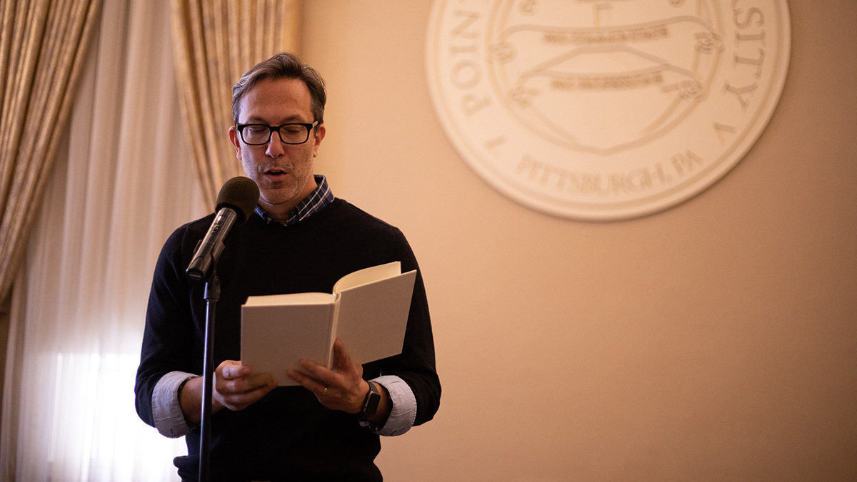 Pictured is the guest writer event with John Fried. Photo by Hannah Johnston
