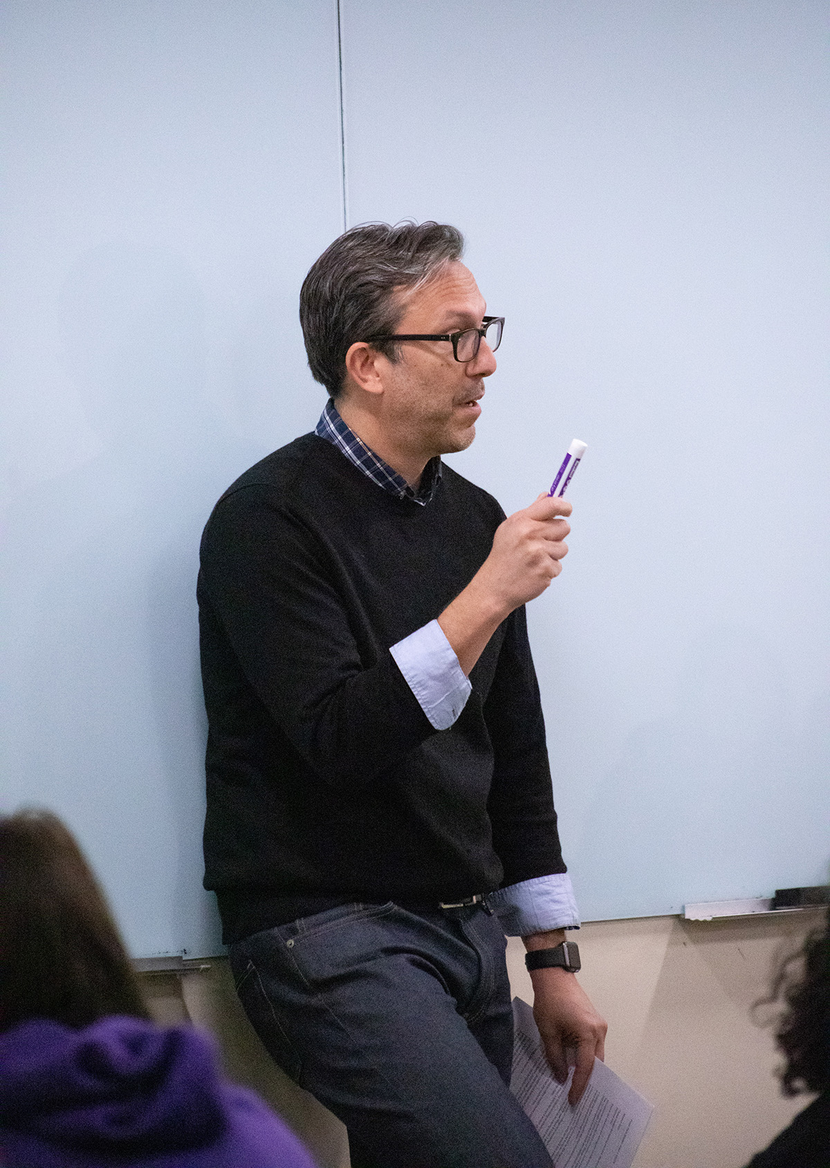 Pictured is the guest writer event with John Fried. Photo by Hannah Johnston