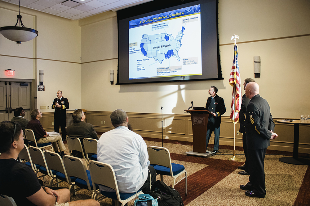 Pictured is Rear Admiral Thomas Anderson presenting to engineering students during a visit to Point Park's campus. Photo by Nadia Jones.