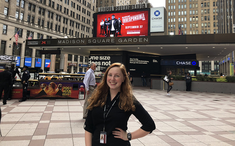 Pictured is SAEM student Samantha Exler in front of Madison Square Garden. Photo by Anamika Misra.