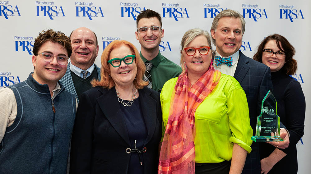 (L-R) Nick Tommarello, Center for Media Innovation graduate assistant, Marlin Collingwood, vice president of enrollment management and marketing, Kathy Buechel, executive director of The Benter Foundation, Anthony Durzo, Point Park student, Tania Miller Conte, Andrew Conte, assistant vice president and CMI managing director and alumna Emily Kolek, communications manager at WesBanco.