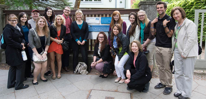 Point Park University International Media students pose in front of a Freie University building where the group's first media lecture was held. Photo | Connor Mulvaney