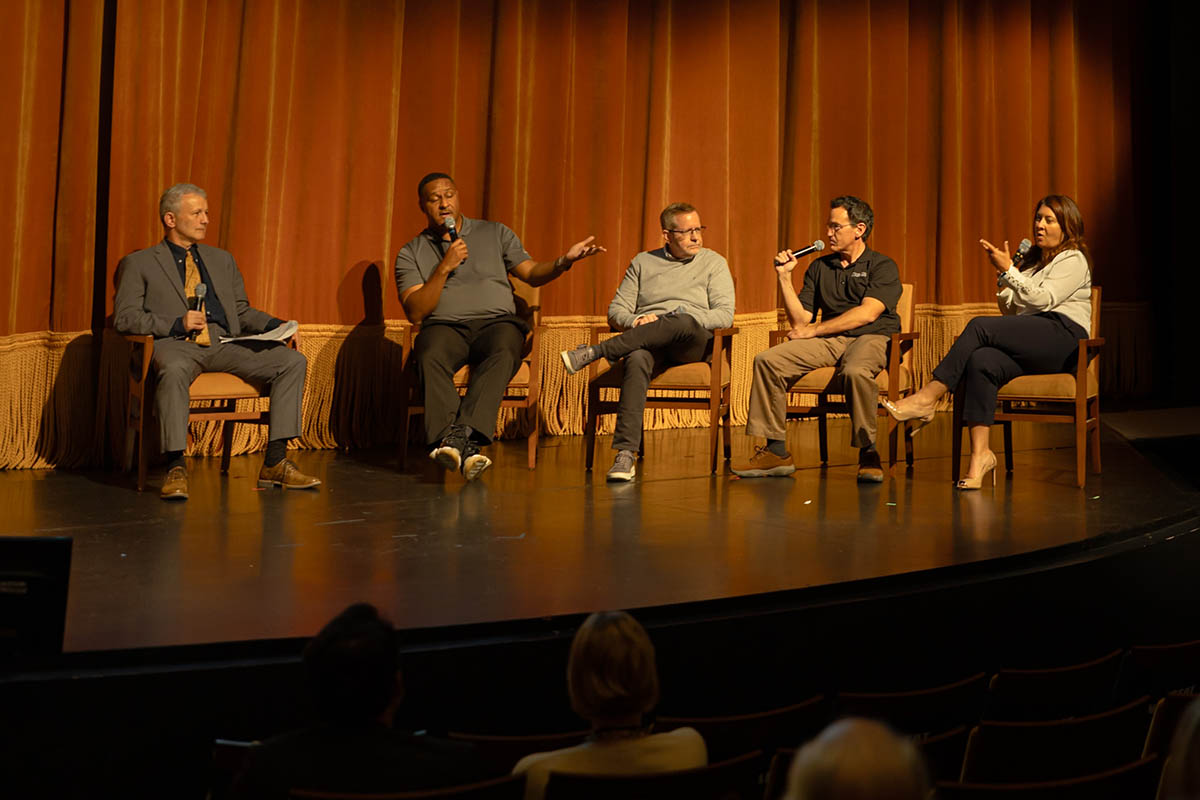 Bernie Ankney, School of Communication dean; Josh Taylor, KDKA reporter; Michael DeCourcy, senior writer, The Sporting News; Tim Benz, staff writer, Trib Total Media, and Jennifer Bullano Ridgely, chief communications officer, Pittsburgh Penguins. 