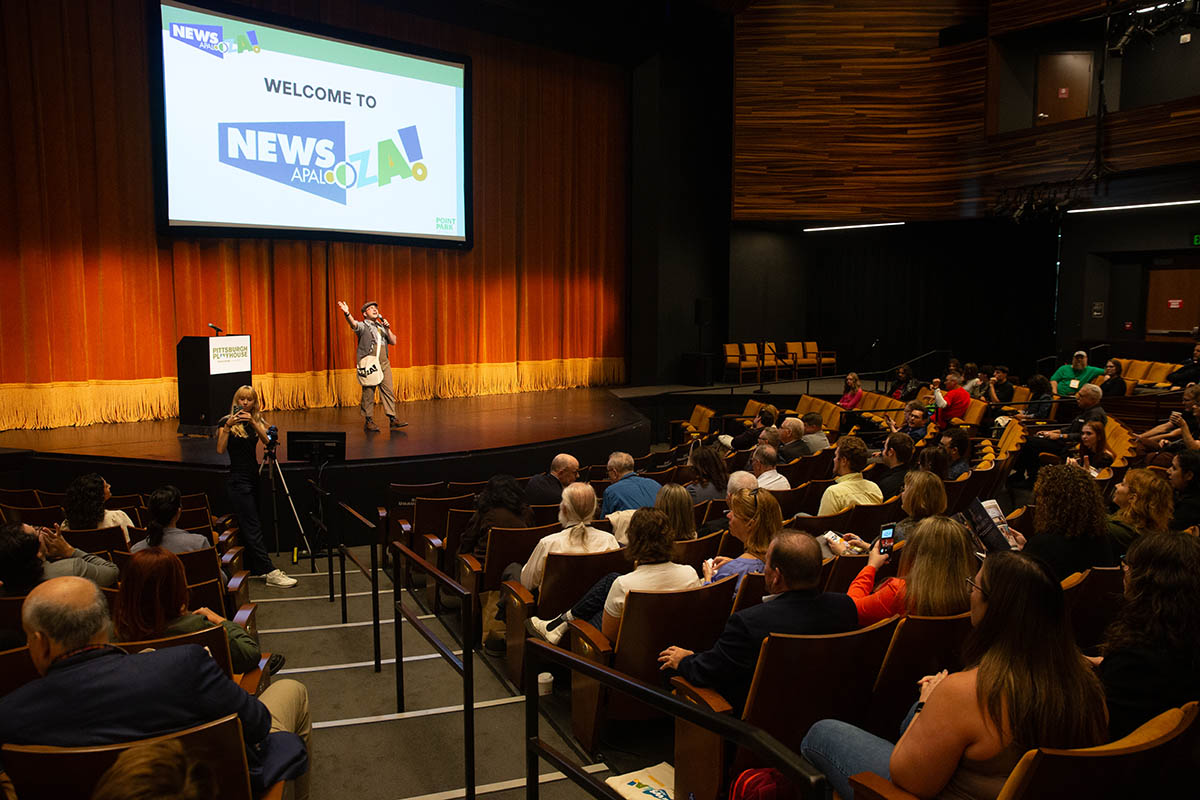 Newsie Nick welcomes the crowd to Newsapalooza 2024. 