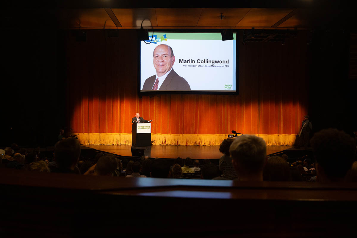 Marlin Collingwood, vice president of enrollment management, addresses the crowd.