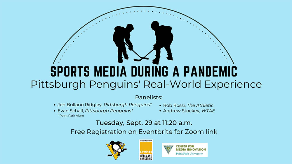 A flier for "Covering Sports Media During a Pandemic, presented by the Center for Media Innovation and Pittsburgh Center for Sports Media and Marketing.