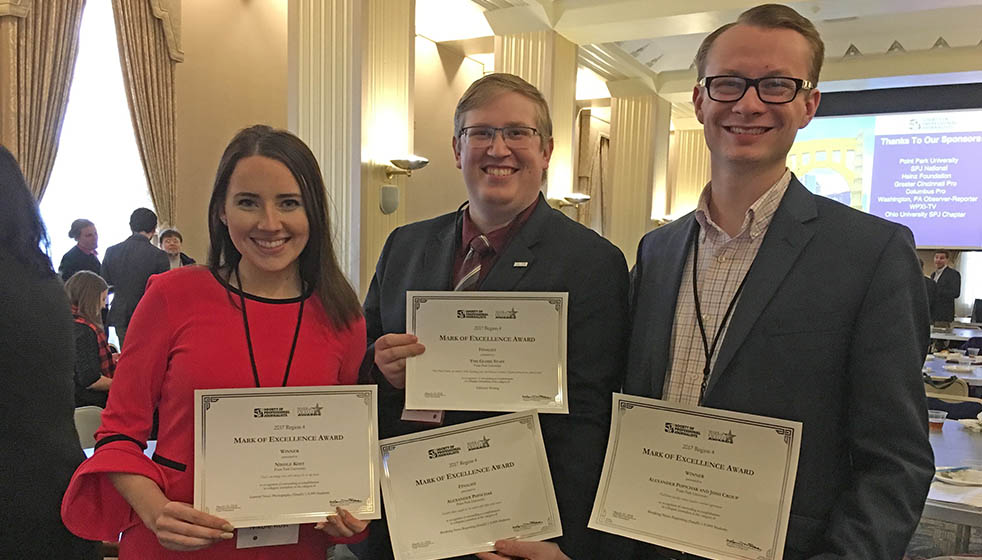 Point Park University's Nikole Kost, Alexander Popichak and Josh Croup at the Society of Professional Journalists Conference at Point Park. Photo | Aimee-Marie Dorsten