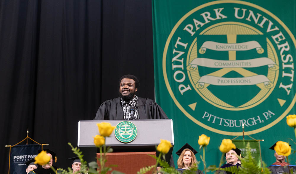 Pictured is Jaquel Spivey '21 at 2024 Commencement. Photo | Mark Simpson