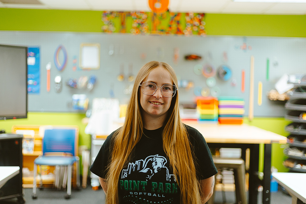 Pictured is Katie Proof in Matt's Maker Space Lab on Point Park's campus. Photo by Ethan Stoner '26. 