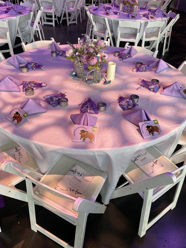 A table is decorated in lavender